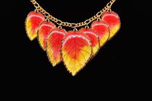 Vintage Leaf Charm Collar Necklace Chunky Orange Yellow Enamel 1980s NOS BinA16